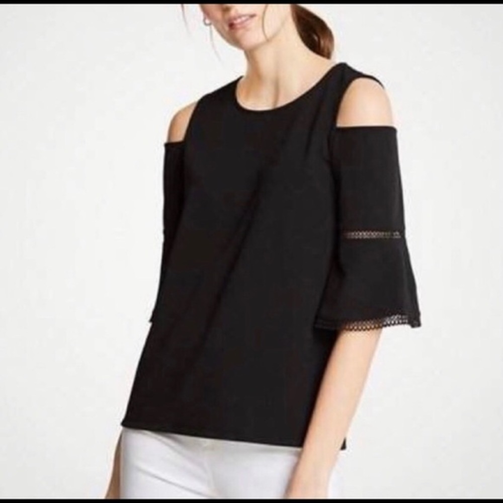 Ann Taylor Black Cold Shoulder Crochet Lace Trim Top NWT M Quiet Luxury